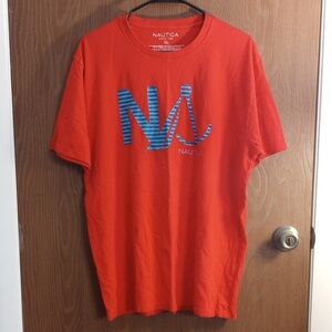 Nautica Men's Bright Red Tee with Blue Logo Size XL